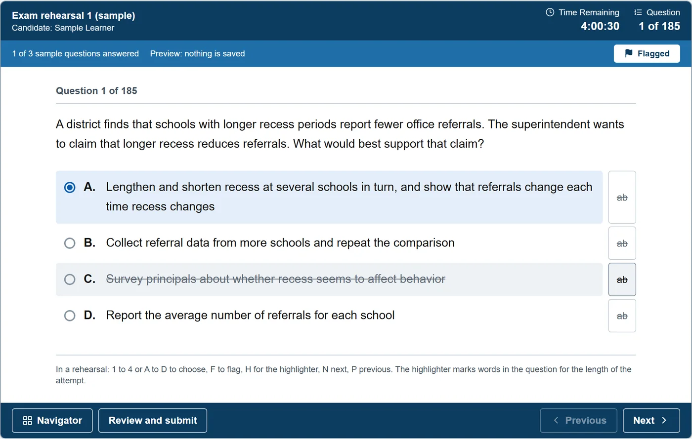 The exam rehearsal screen: a title bar with the time remaining and question count, a flagged question with one option crossed out, and Navigator, Previous, and Next buttons.