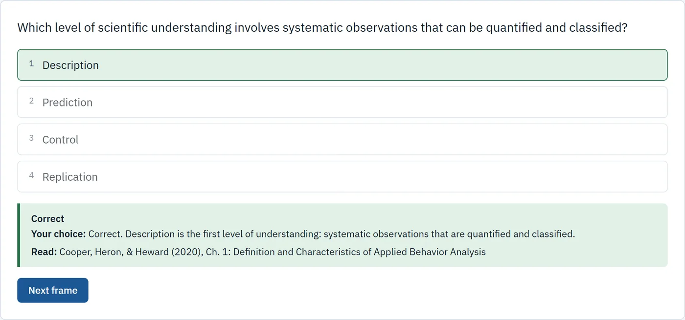 An Acquisition frame answered correctly, with the rationale and the chapter to read under the choices.